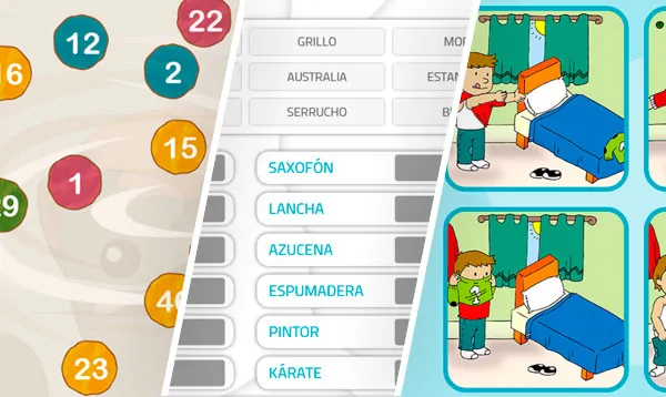 Screenshot of an educational activity: scores in circles on the left, words in the center and a child interacting on the right.