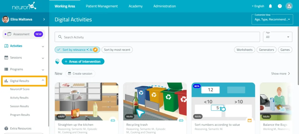 Go to “Digital results” – NeuronUP