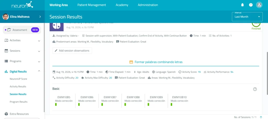 NeuronUP records the results automatically – NeuronUP