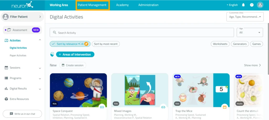Go to “Patient management” – NeuronUP