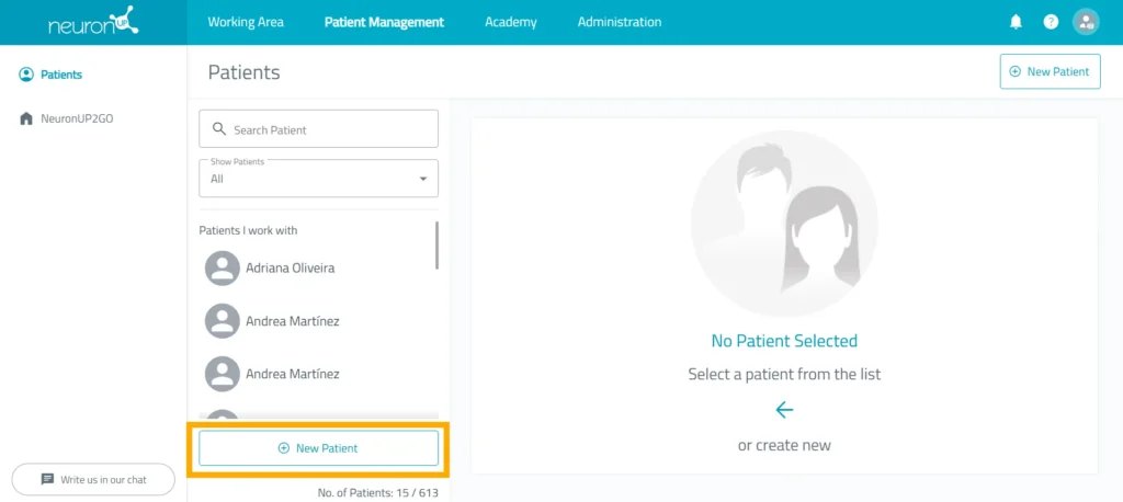Click “New patient” – NeuronUP