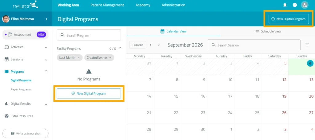 Click “New digital program” – NeuronUP