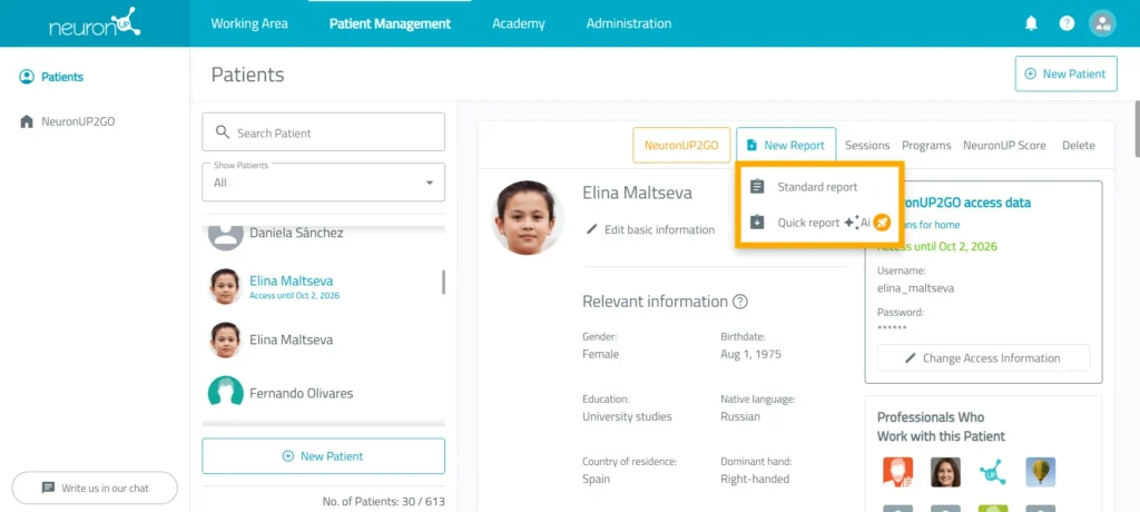 Choose the type of report – NeuronUP
