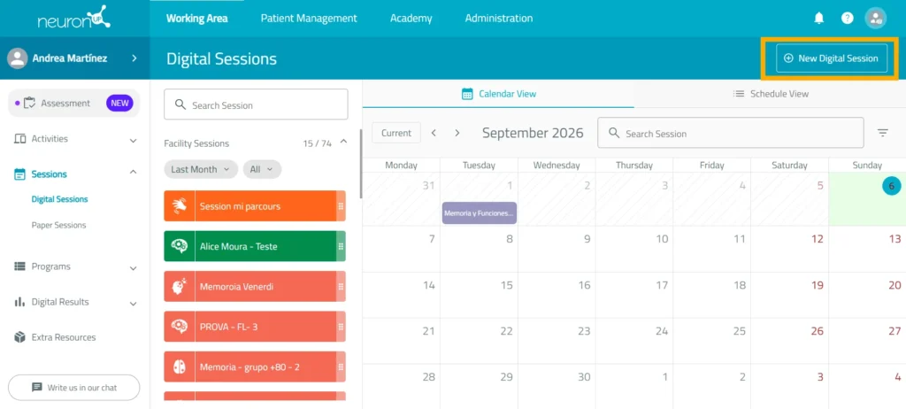 Click “New digital session” – NeuronUP