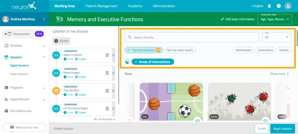 Filter and add the activities – NeuronUP