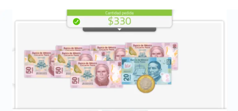 Several $50 bills and a $20 bill, a $10 coin, and a total of $330 with an indicator at the top.